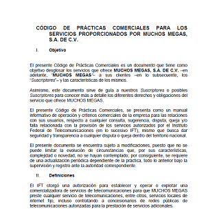 CODIGO DE PRACTICAS COMERCIALES PARA LOS SERVICIOS PROPORCIONADOS POR MUCHOS MEGAS